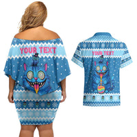 Personalized Trippy Catmas Couples Matching Off Shoulder Short Dress and Hawaiian Shirt Cute Blue Derpy Cat and Owl Companion - Wonder Print Shop