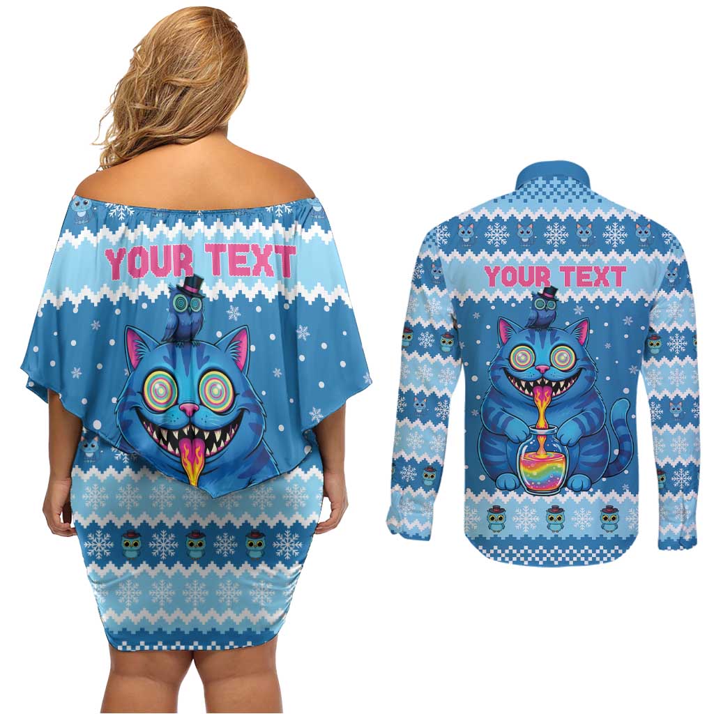 Personalized Trippy Catmas Couples Matching Off Shoulder Short Dress and Long Sleeve Button Shirt Cute Blue Derpy Cat and Owl Companion - Wonder Print Shop
