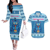 Personalized Trippy Catmas Couples Matching Off The Shoulder Long Sleeve Dress and Hawaiian Shirt Cute Blue Derpy Cat and Owl Companion - Wonder Print Shop