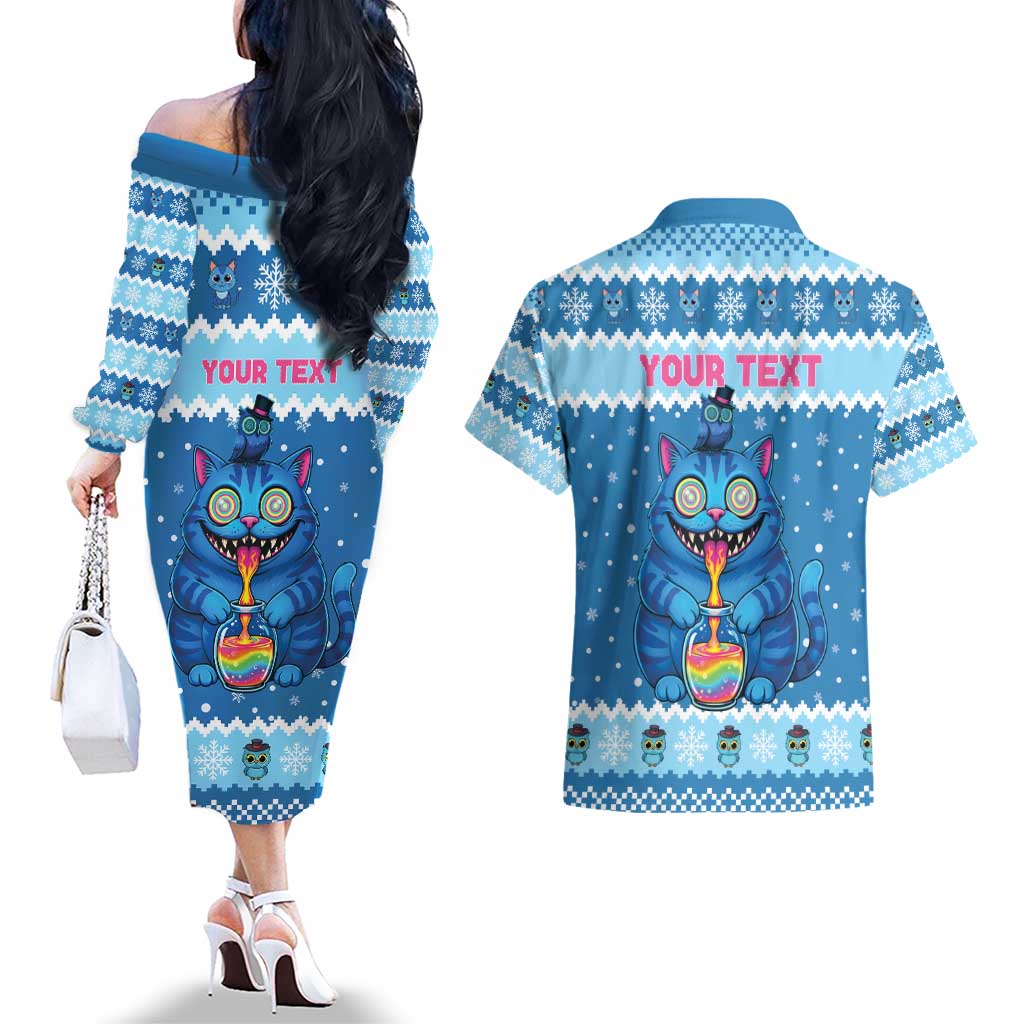 Personalized Trippy Catmas Couples Matching Off The Shoulder Long Sleeve Dress and Hawaiian Shirt Cute Blue Derpy Cat and Owl Companion - Wonder Print Shop