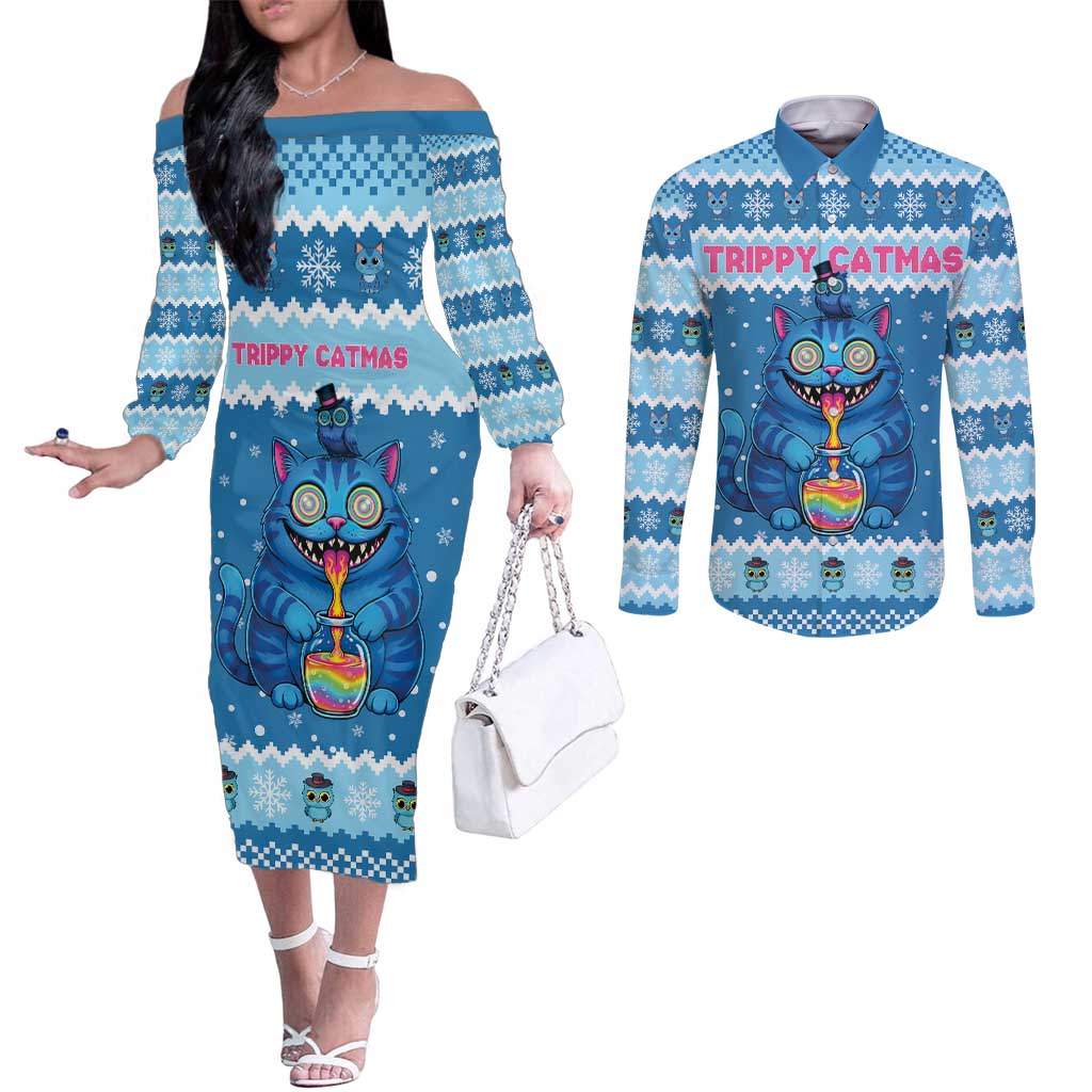 Personalized Trippy Catmas Couples Matching Off The Shoulder Long Sleeve Dress and Long Sleeve Button Shirt Cute Blue Derpy Cat and Owl Companion - Wonder Print Shop