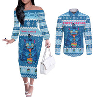Personalized Trippy Catmas Couples Matching Off The Shoulder Long Sleeve Dress and Long Sleeve Button Shirt Cute Blue Derpy Cat and Owl Companion - Wonder Print Shop