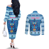 Personalized Trippy Catmas Couples Matching Off The Shoulder Long Sleeve Dress and Long Sleeve Button Shirt Cute Blue Derpy Cat and Owl Companion - Wonder Print Shop