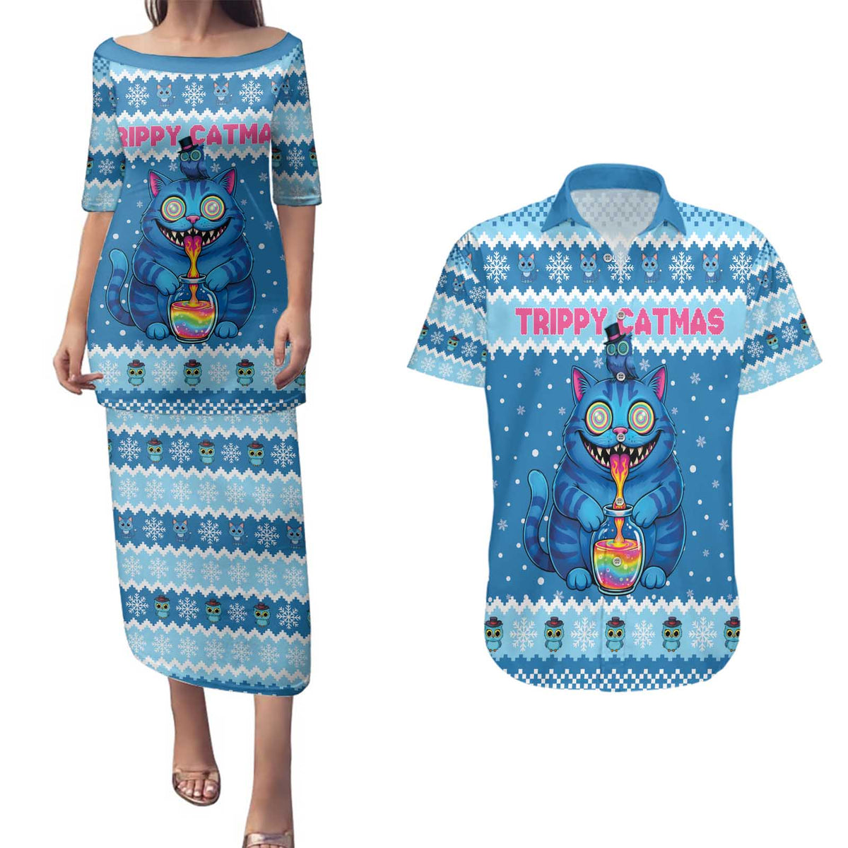 Personalized Trippy Catmas Couples Matching Puletasi and Hawaiian Shirt Cute Blue Derpy Cat and Owl Companion - Wonder Print Shop