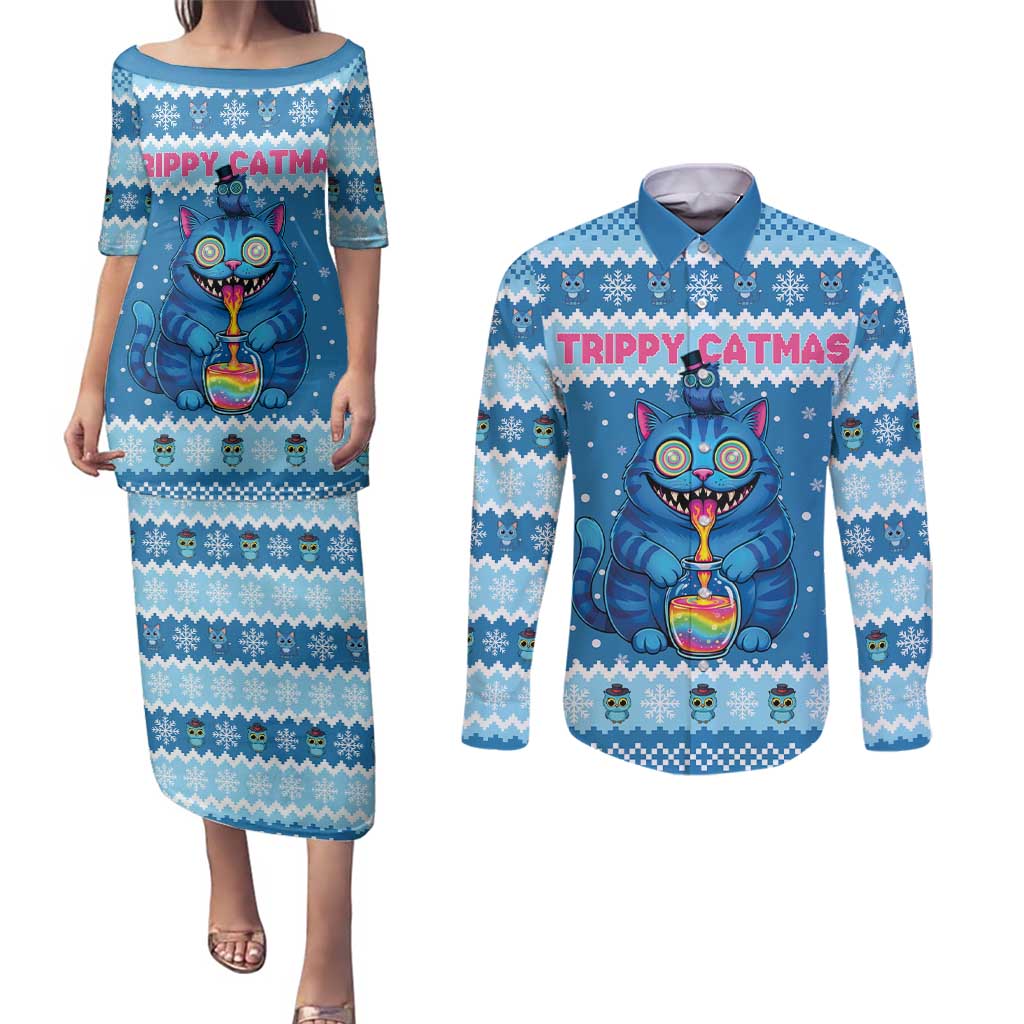 Personalized Trippy Catmas Couples Matching Puletasi and Long Sleeve Button Shirt Cute Blue Derpy Cat and Owl Companion - Wonder Print Shop