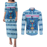 Personalized Trippy Catmas Couples Matching Puletasi and Long Sleeve Button Shirt Cute Blue Derpy Cat and Owl Companion - Wonder Print Shop
