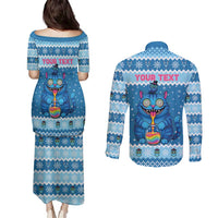 Personalized Trippy Catmas Couples Matching Puletasi and Long Sleeve Button Shirt Cute Blue Derpy Cat and Owl Companion - Wonder Print Shop