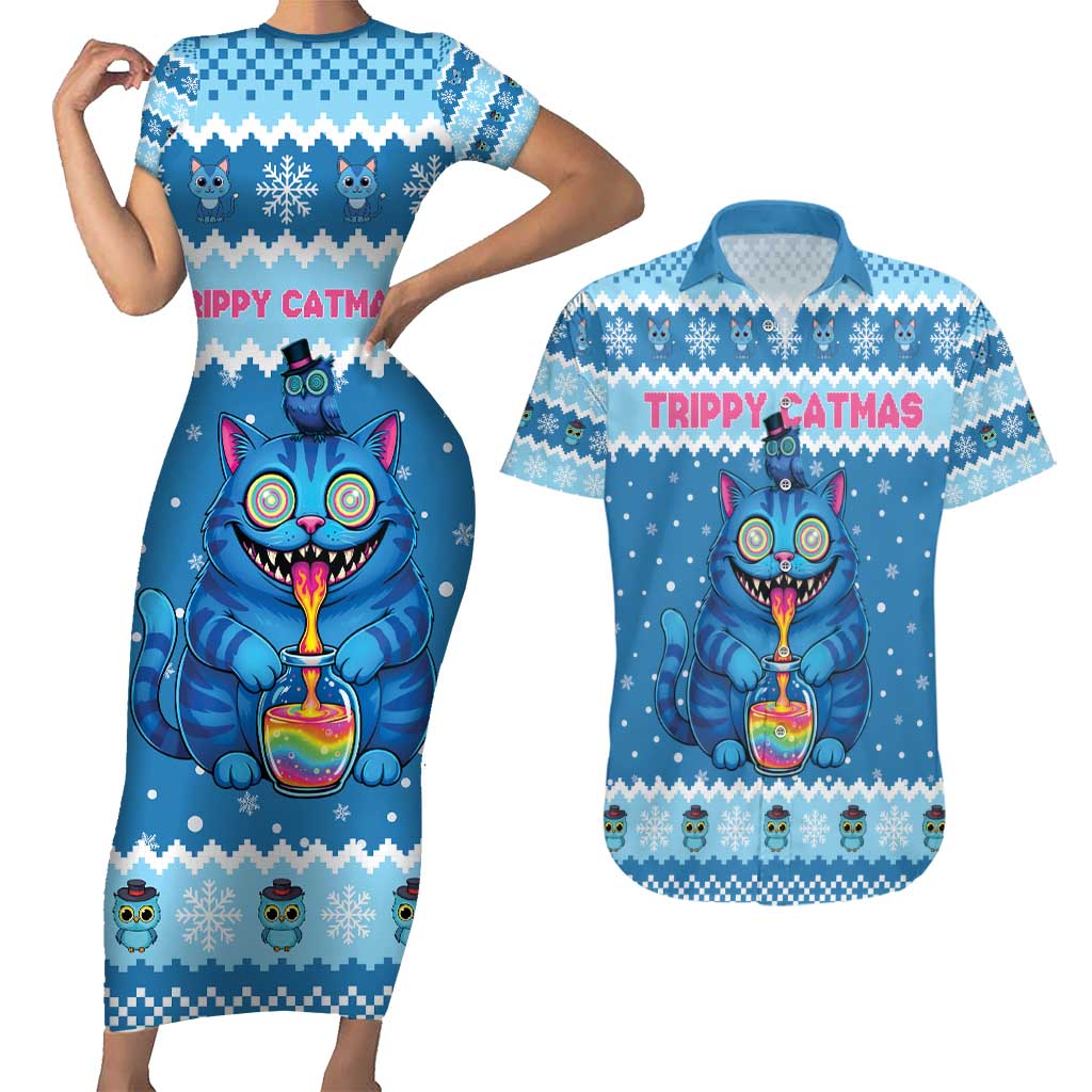 Personalized Trippy Catmas Couples Matching Short Sleeve Bodycon Dress and Hawaiian Shirt Cute Blue Derpy Cat and Owl Companion - Wonder Print Shop