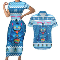 Personalized Trippy Catmas Couples Matching Short Sleeve Bodycon Dress and Hawaiian Shirt Cute Blue Derpy Cat and Owl Companion - Wonder Print Shop