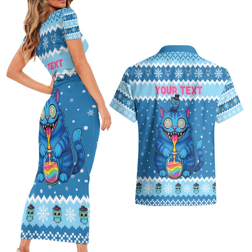 Personalized Trippy Catmas Couples Matching Short Sleeve Bodycon Dress and Hawaiian Shirt Cute Blue Derpy Cat and Owl Companion - Wonder Print Shop