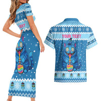Personalized Trippy Catmas Couples Matching Short Sleeve Bodycon Dress and Hawaiian Shirt Cute Blue Derpy Cat and Owl Companion - Wonder Print Shop