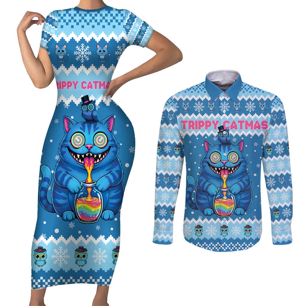 Personalized Trippy Catmas Couples Matching Short Sleeve Bodycon Dress and Long Sleeve Button Shirt Cute Blue Derpy Cat and Owl Companion - Wonder Print Shop