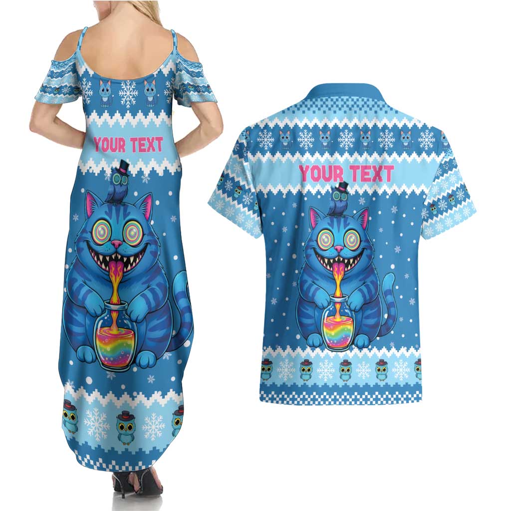 Personalized Trippy Catmas Couples Matching Summer Maxi Dress and Hawaiian Shirt Cute Blue Derpy Cat and Owl Companion - Wonder Print Shop