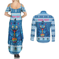 Personalized Trippy Catmas Couples Matching Summer Maxi Dress and Long Sleeve Button Shirt Cute Blue Derpy Cat and Owl Companion - Wonder Print Shop