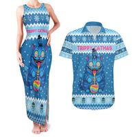 Personalized Trippy Catmas Couples Matching Tank Maxi Dress and Hawaiian Shirt Cute Blue Derpy Cat and Owl Companion - Wonder Print Shop