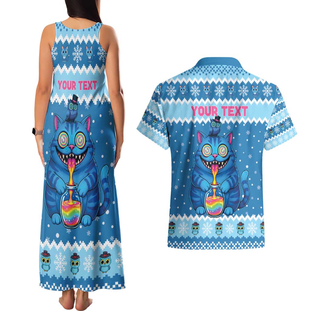 Personalized Trippy Catmas Couples Matching Tank Maxi Dress and Hawaiian Shirt Cute Blue Derpy Cat and Owl Companion - Wonder Print Shop