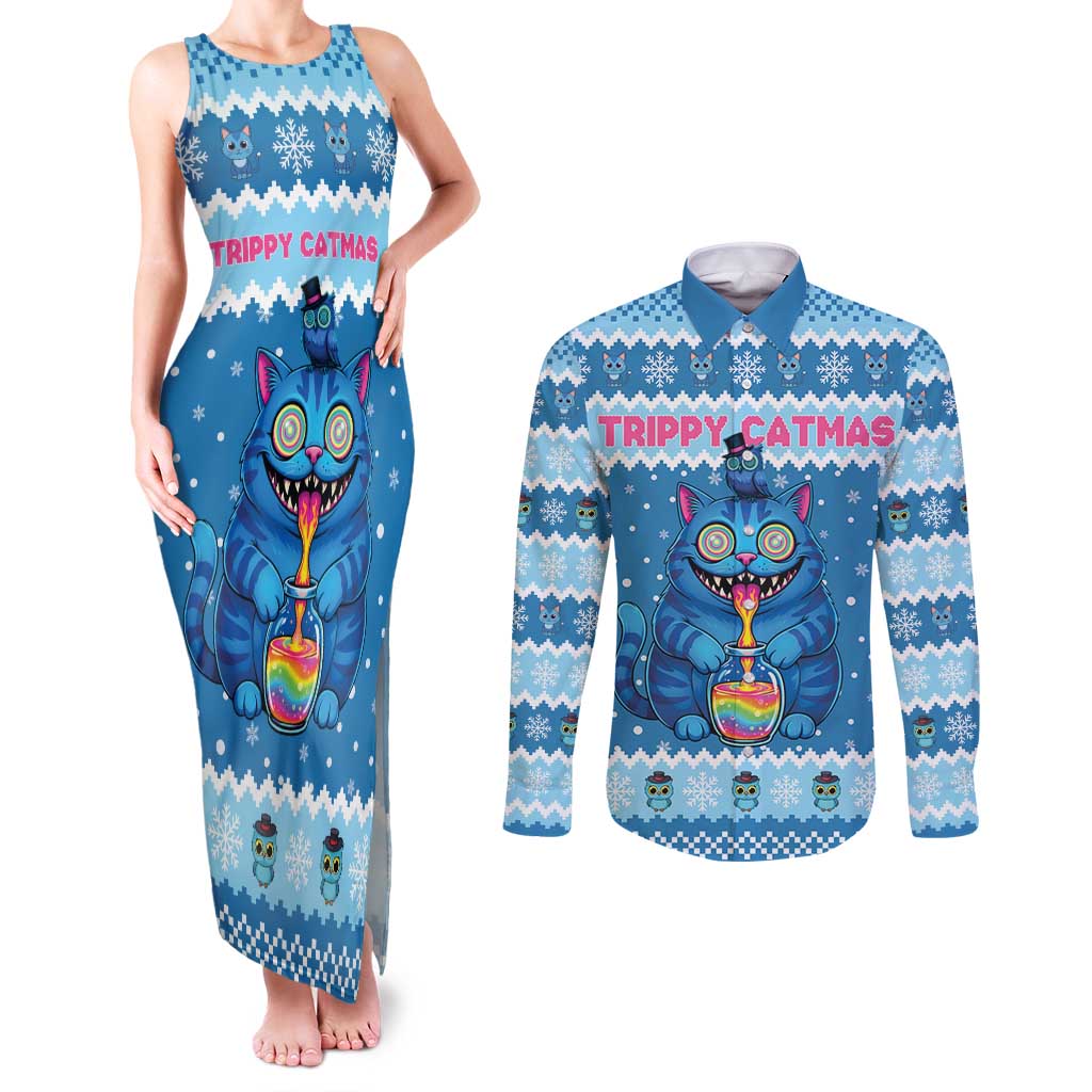Personalized Trippy Catmas Couples Matching Tank Maxi Dress and Long Sleeve Button Shirt Cute Blue Derpy Cat and Owl Companion - Wonder Print Shop
