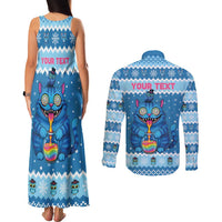 Personalized Trippy Catmas Couples Matching Tank Maxi Dress and Long Sleeve Button Shirt Cute Blue Derpy Cat and Owl Companion - Wonder Print Shop