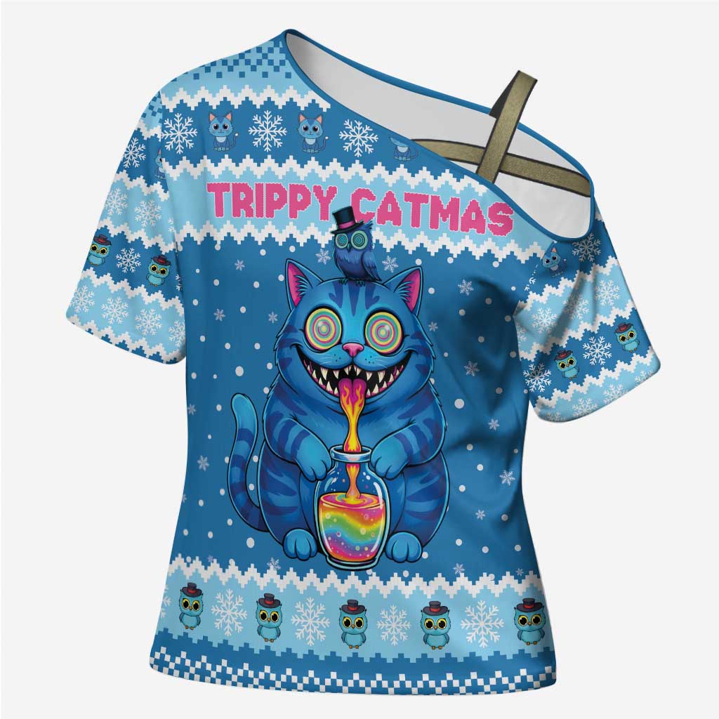 Personalized Trippy Catmas Cross Shoulder Shirt Cute Blue Derpy Cat and Owl Companion - Wonder Print Shop