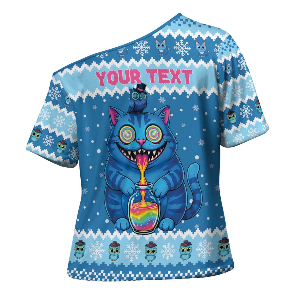 Personalized Trippy Catmas Cross Shoulder Shirt Cute Blue Derpy Cat and Owl Companion - Wonder Print Shop