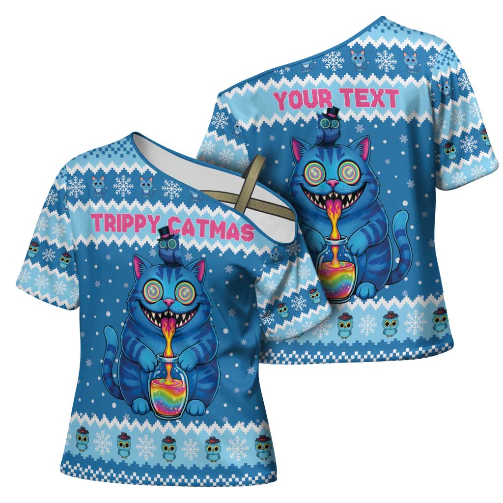 Personalized Trippy Catmas Cross Shoulder Shirt Cute Blue Derpy Cat and Owl Companion - Wonder Print Shop