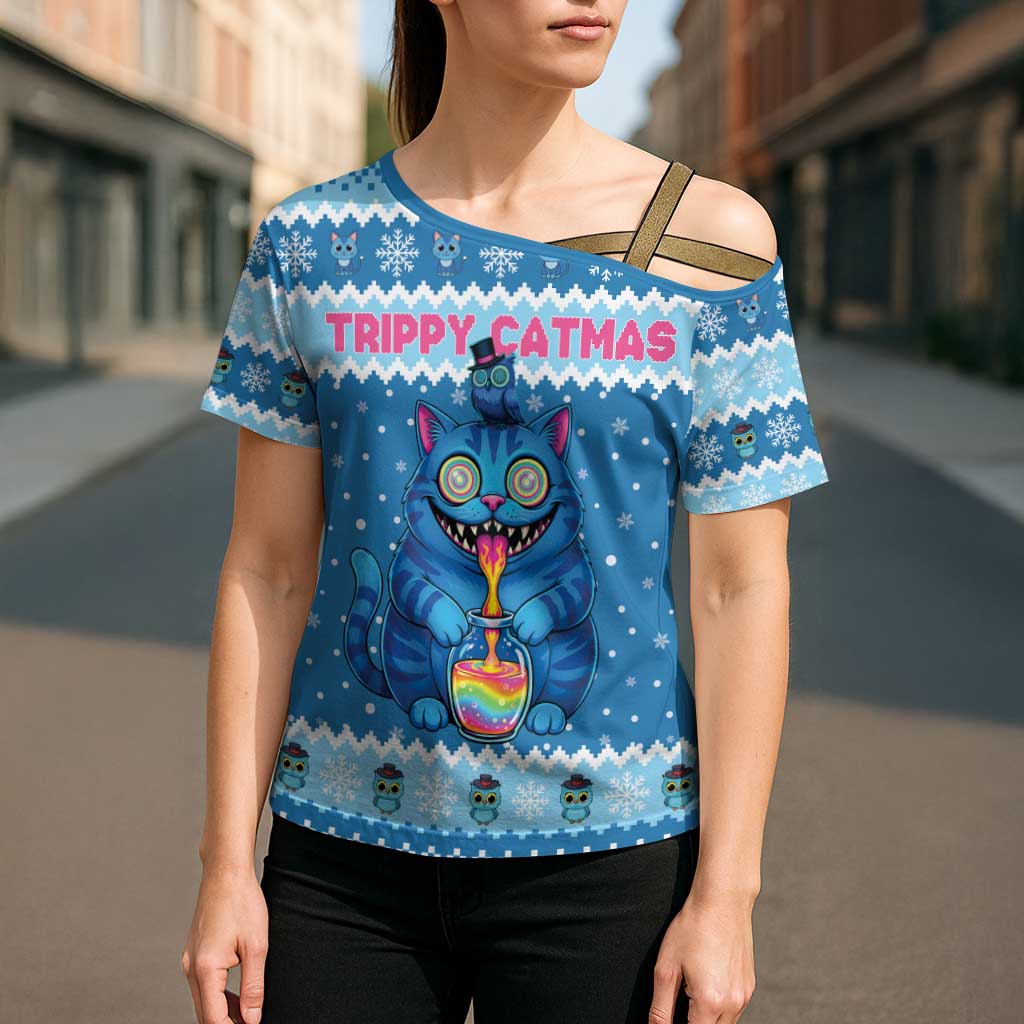Personalized Trippy Catmas Cross Shoulder Shirt Cute Blue Derpy Cat and Owl Companion - Wonder Print Shop