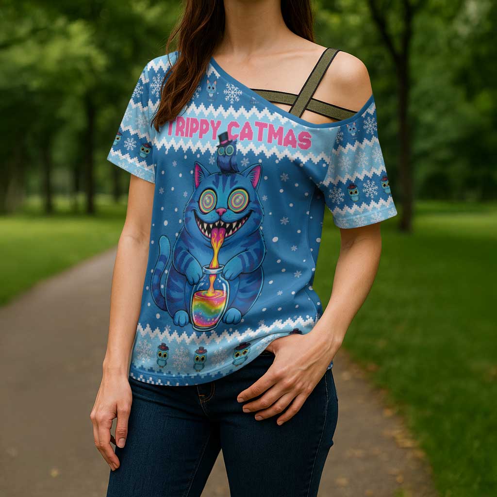 Personalized Trippy Catmas Cross Shoulder Shirt Cute Blue Derpy Cat and Owl Companion - Wonder Print Shop