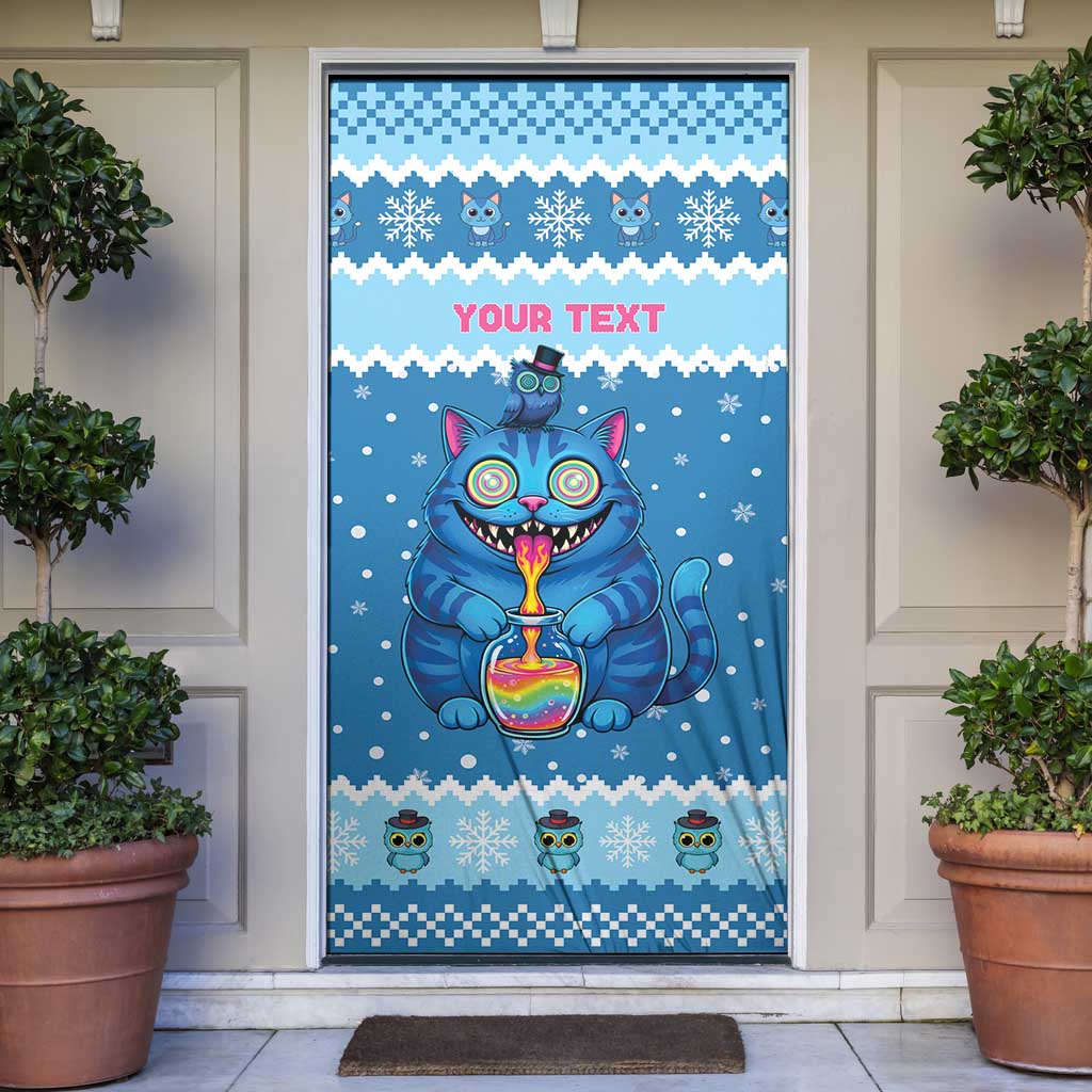 Personalized Trippy Catmas Door Cover Cute Blue Derpy Cat and Owl Companion - Wonder Print Shop