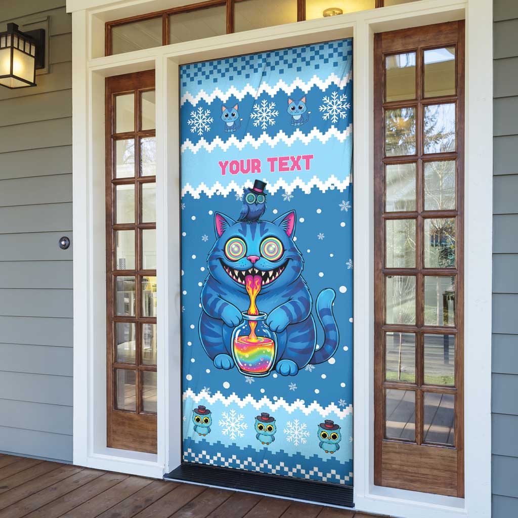 Personalized Trippy Catmas Door Cover Cute Blue Derpy Cat and Owl Companion - Wonder Print Shop
