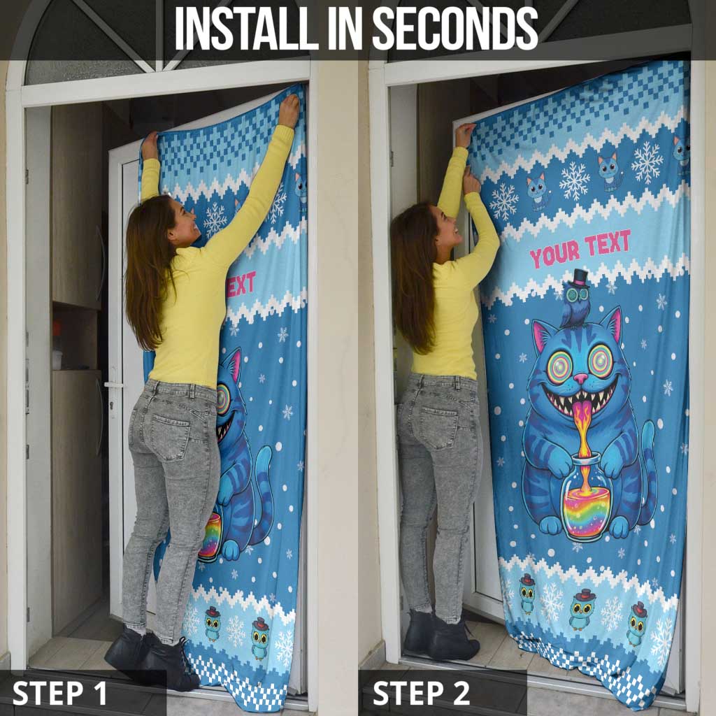 Personalized Trippy Catmas Door Cover Cute Blue Derpy Cat and Owl Companion - Wonder Print Shop