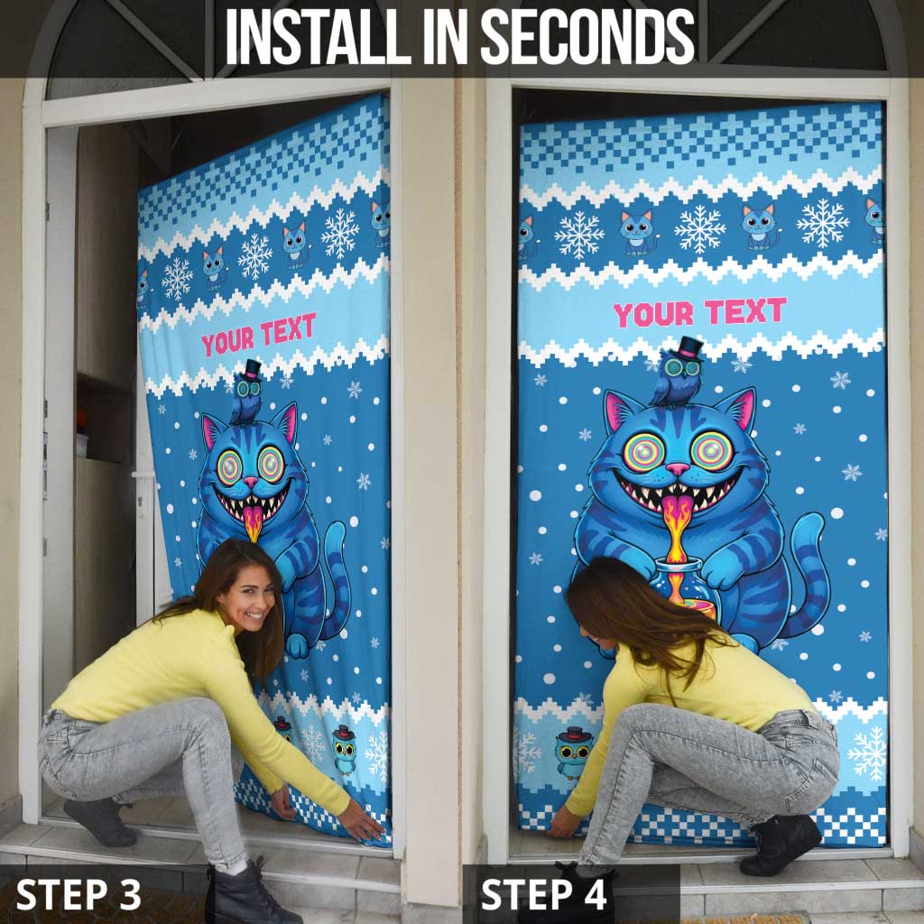Personalized Trippy Catmas Door Cover Cute Blue Derpy Cat and Owl Companion - Wonder Print Shop