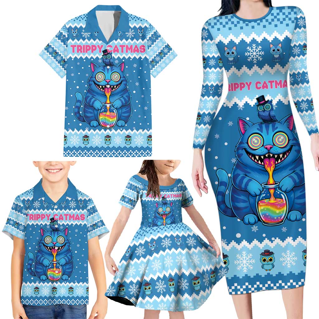 Personalized Trippy Catmas Family Matching Long Sleeve Bodycon Dress and Hawaiian Shirt Cute Blue Derpy Cat and Owl Companion - Wonder Print Shop
