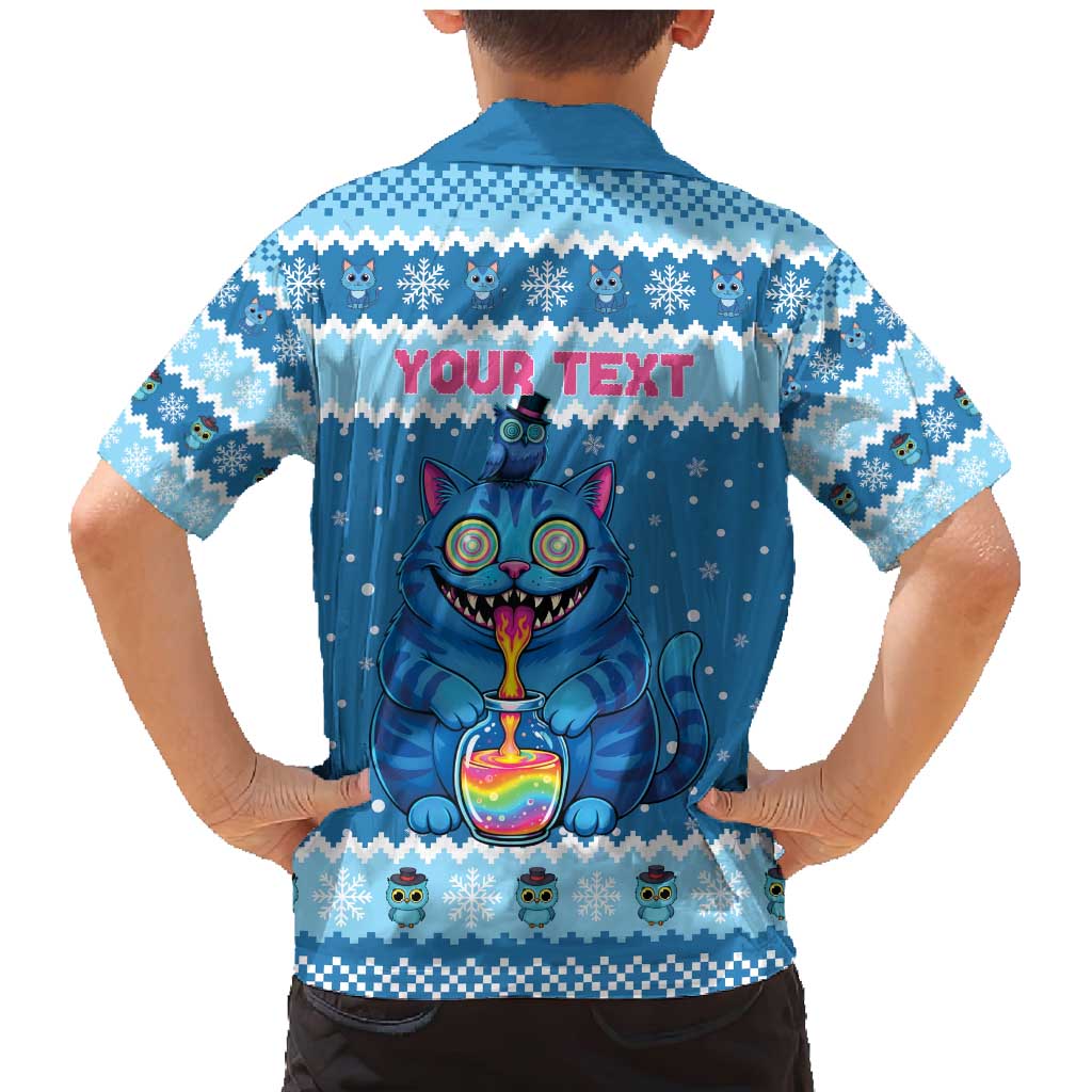 Personalized Trippy Catmas Family Matching Mermaid Dress and Hawaiian Shirt Cute Blue Derpy Cat and Owl Companion - Wonder Print Shop