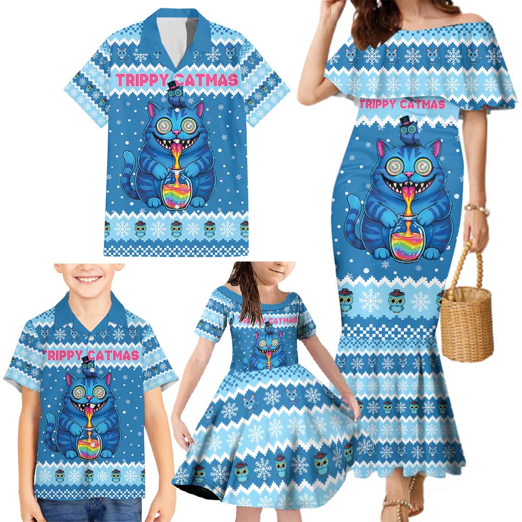 Personalized Trippy Catmas Family Matching Mermaid Dress and Hawaiian Shirt Cute Blue Derpy Cat and Owl Companion - Wonder Print Shop
