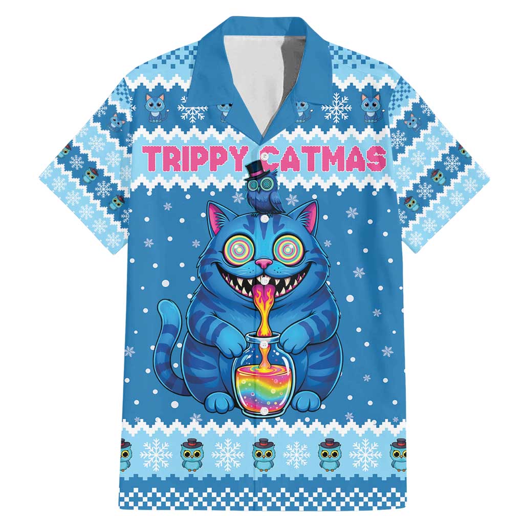 Personalized Trippy Catmas Family Matching Mermaid Dress and Hawaiian Shirt Cute Blue Derpy Cat and Owl Companion - Wonder Print Shop