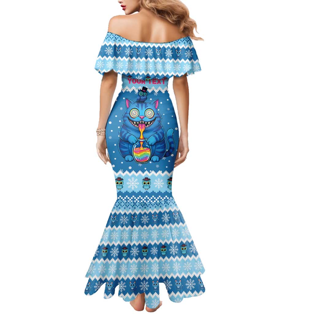 Personalized Trippy Catmas Family Matching Mermaid Dress and Hawaiian Shirt Cute Blue Derpy Cat and Owl Companion - Wonder Print Shop