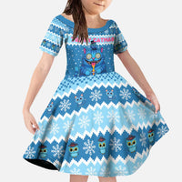Personalized Trippy Catmas Family Matching Off The Shoulder Long Sleeve Dress and Hawaiian Shirt Cute Blue Derpy Cat and Owl Companion - Wonder Print Shop