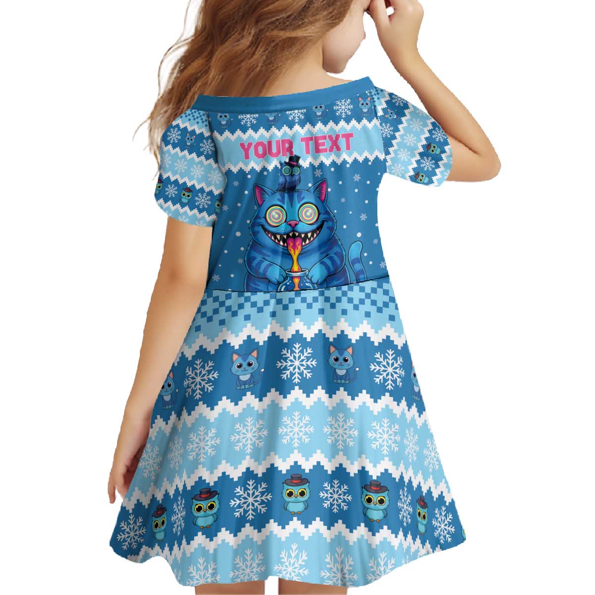 Personalized Trippy Catmas Family Matching Off The Shoulder Long Sleeve Dress and Hawaiian Shirt Cute Blue Derpy Cat and Owl Companion - Wonder Print Shop