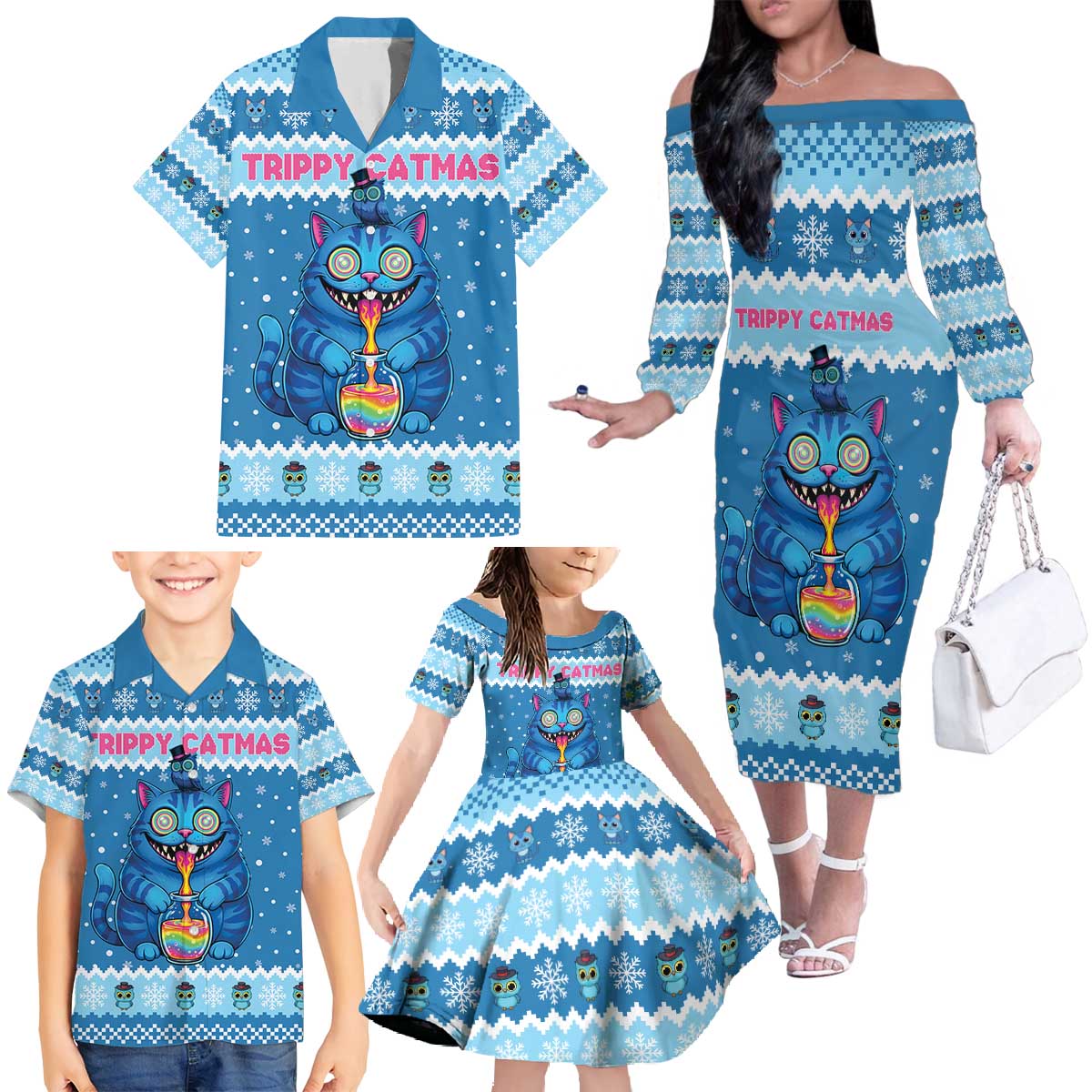 Personalized Trippy Catmas Family Matching Off The Shoulder Long Sleeve Dress and Hawaiian Shirt Cute Blue Derpy Cat and Owl Companion - Wonder Print Shop
