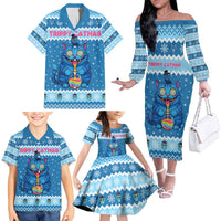 Personalized Trippy Catmas Family Matching Off The Shoulder Long Sleeve Dress and Hawaiian Shirt Cute Blue Derpy Cat and Owl Companion - Wonder Print Shop