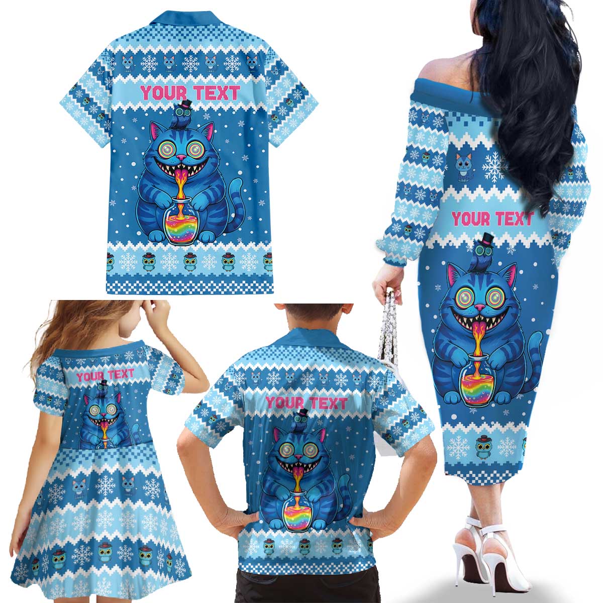 Personalized Trippy Catmas Family Matching Off The Shoulder Long Sleeve Dress and Hawaiian Shirt Cute Blue Derpy Cat and Owl Companion - Wonder Print Shop