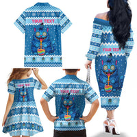 Personalized Trippy Catmas Family Matching Off The Shoulder Long Sleeve Dress and Hawaiian Shirt Cute Blue Derpy Cat and Owl Companion - Wonder Print Shop