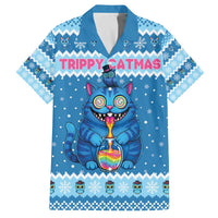 Personalized Trippy Catmas Family Matching Off The Shoulder Long Sleeve Dress and Hawaiian Shirt Cute Blue Derpy Cat and Owl Companion - Wonder Print Shop