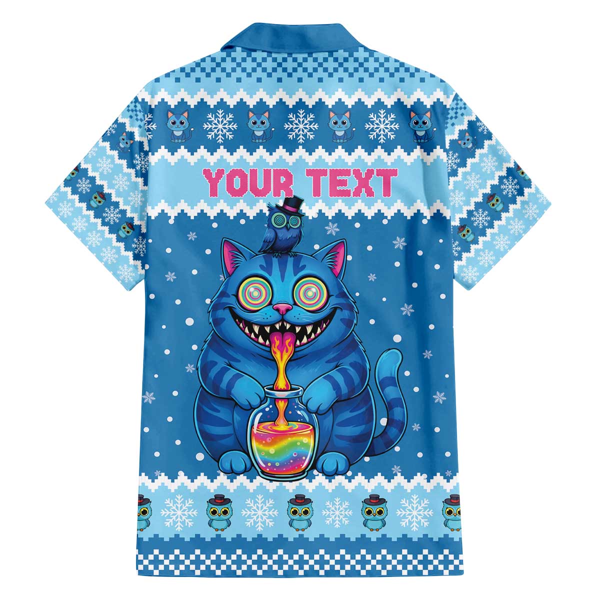 Personalized Trippy Catmas Family Matching Off The Shoulder Long Sleeve Dress and Hawaiian Shirt Cute Blue Derpy Cat and Owl Companion - Wonder Print Shop