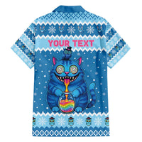 Personalized Trippy Catmas Family Matching Off The Shoulder Long Sleeve Dress and Hawaiian Shirt Cute Blue Derpy Cat and Owl Companion - Wonder Print Shop