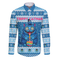 Personalized Trippy Catmas Family Matching Off The Shoulder Long Sleeve Dress and Hawaiian Shirt Cute Blue Derpy Cat and Owl Companion - Wonder Print Shop