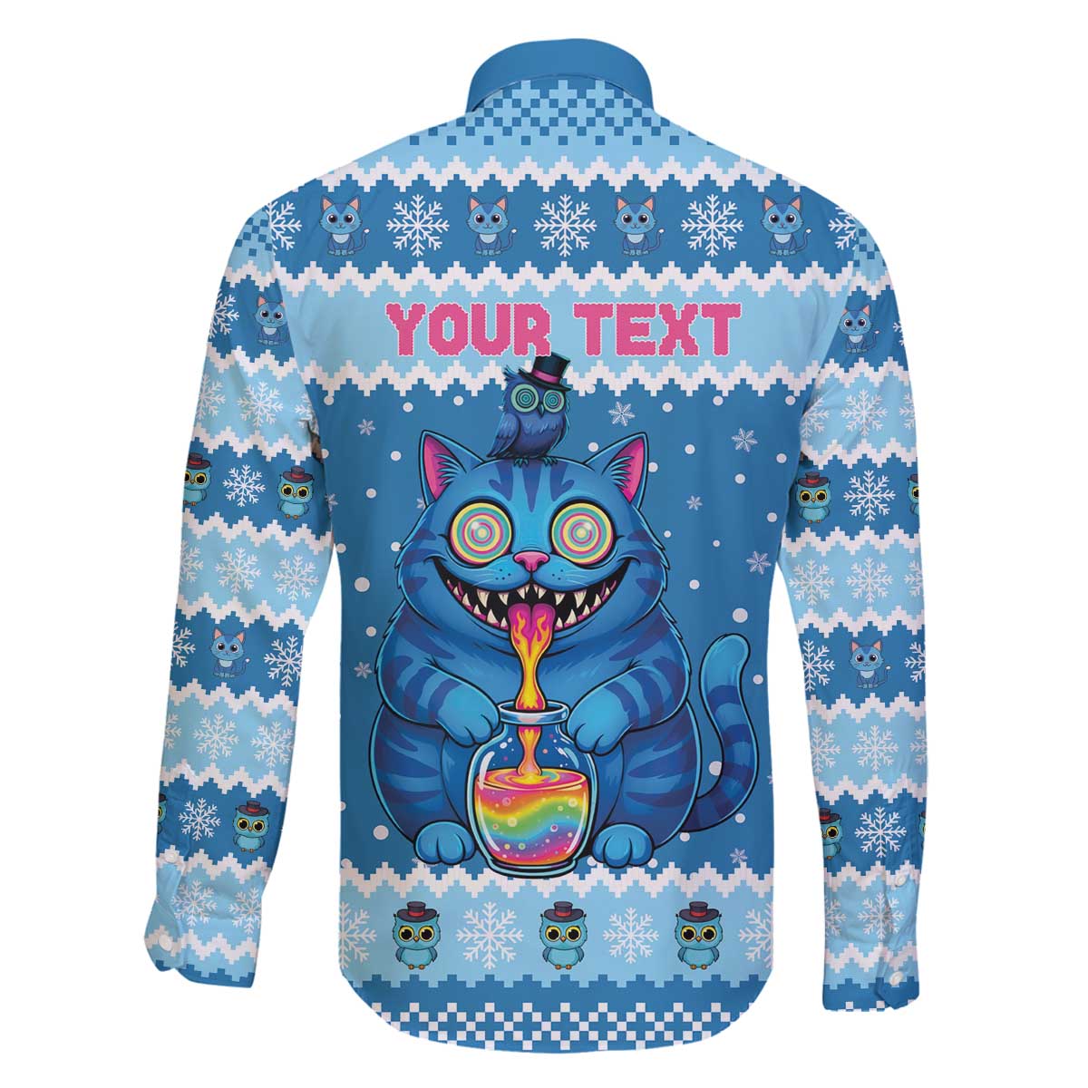 Personalized Trippy Catmas Family Matching Off The Shoulder Long Sleeve Dress and Hawaiian Shirt Cute Blue Derpy Cat and Owl Companion - Wonder Print Shop