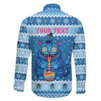 Personalized Trippy Catmas Family Matching Off The Shoulder Long Sleeve Dress and Hawaiian Shirt Cute Blue Derpy Cat and Owl Companion - Wonder Print Shop