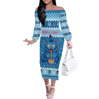 Personalized Trippy Catmas Family Matching Off The Shoulder Long Sleeve Dress and Hawaiian Shirt Cute Blue Derpy Cat and Owl Companion - Wonder Print Shop