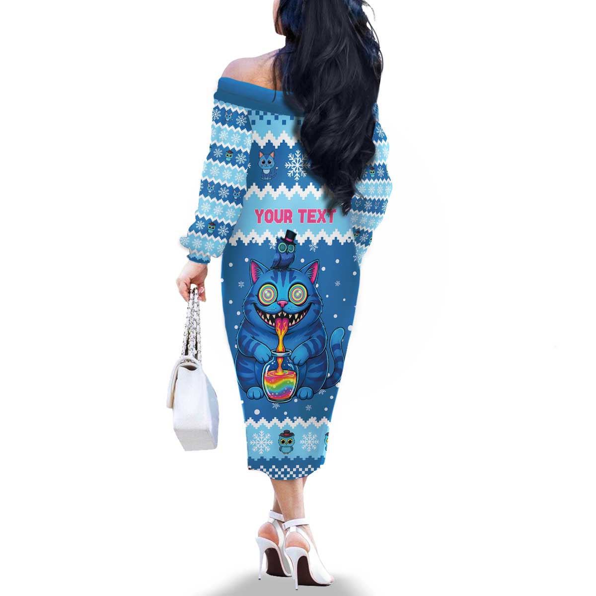 Personalized Trippy Catmas Family Matching Off The Shoulder Long Sleeve Dress and Hawaiian Shirt Cute Blue Derpy Cat and Owl Companion - Wonder Print Shop